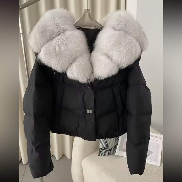 Fox Fur Down puffer coat jacket black silver women’s winter outerwear - Picture 5 of 5